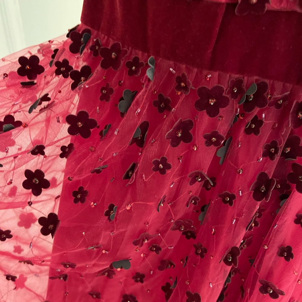 Mac Duggal Deep Berry Midi Dress with Burgundy Floral Appliqués - Picture 6 of 10